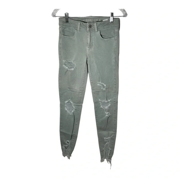 🦅 American Eagle 4 Jeggings Gray Ripped Raw Hem Mid Rise - Picture 1 of 12
